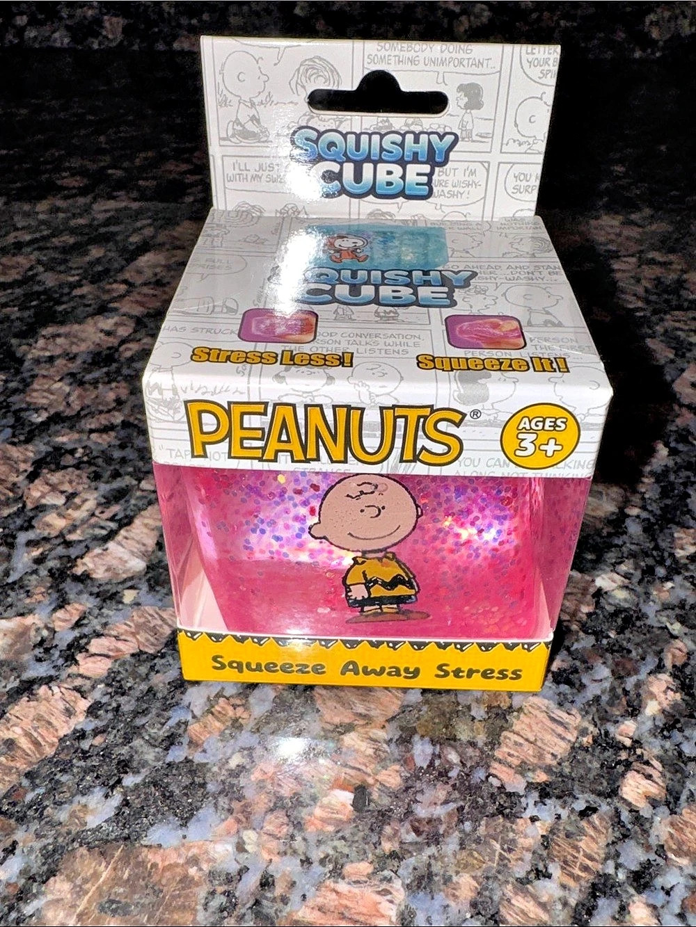 Peanuts Charlie Brown Squishy Cube Stress Less  Pink Glitter NWT